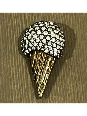 Vintage Krementz Brooch Rhinestone Ice Cream Cone Pin Gold Tone Kitsch 70s/80s